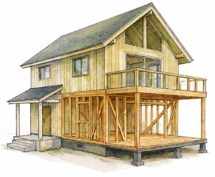 セルフビルドで施工する木造住宅のイラスト