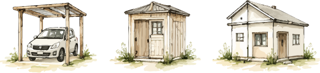 カーポートや物置、増築住宅のイラスト