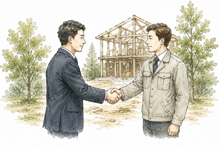 建築確認申請について打ち合わせをする二人のイラスト