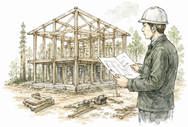 木造住宅の建築現場を確認する建築士のイラスト