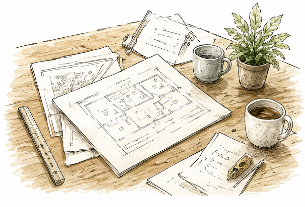 建築図面や資料を確認する作業机のイラスト