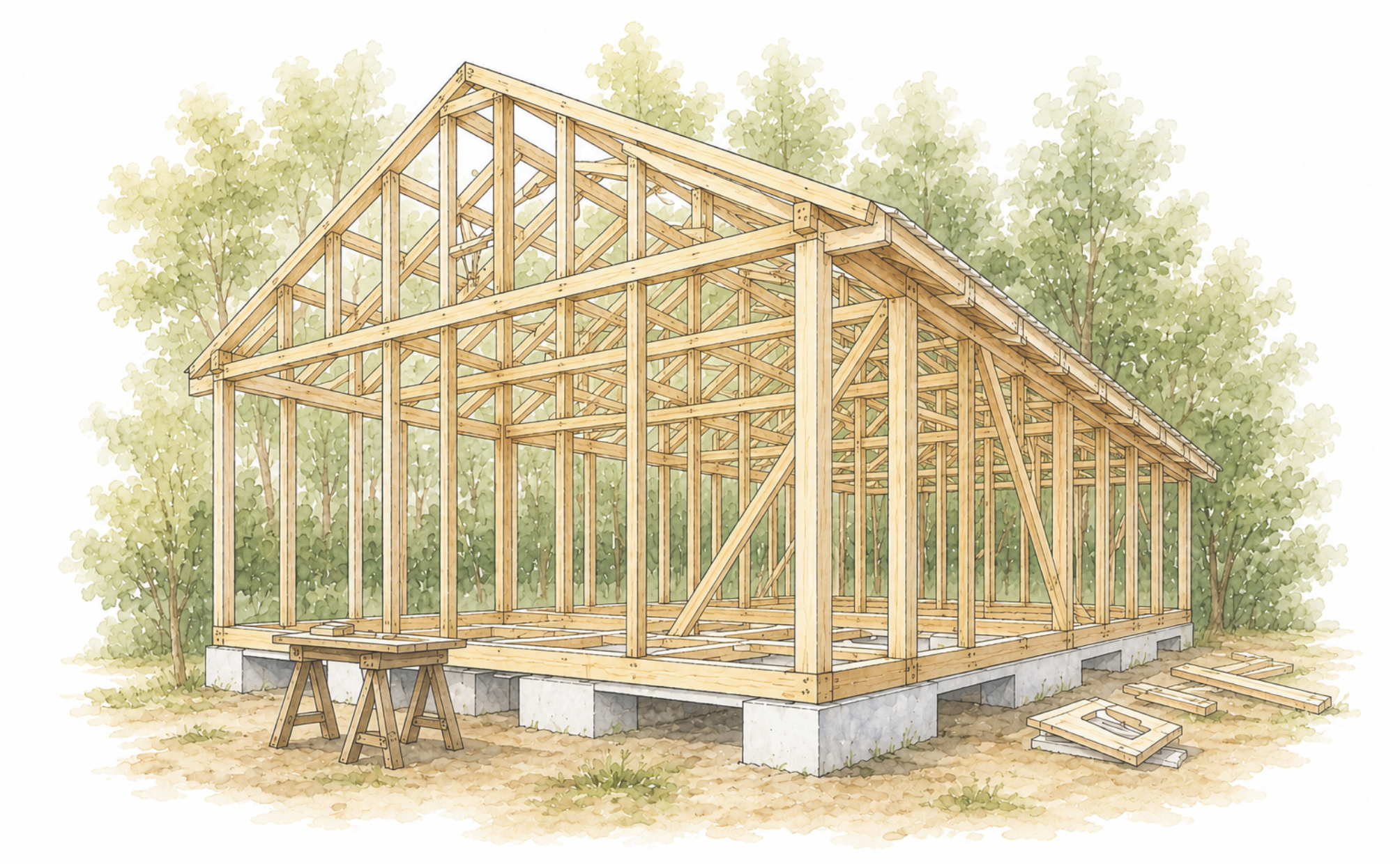 木造住宅の骨組みを描いたイラスト